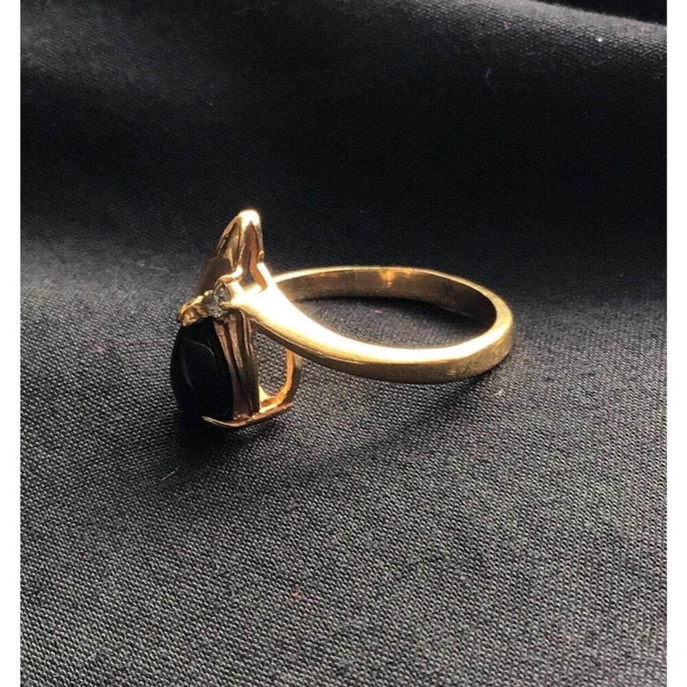 Gold Plated Teardrop Black Onyx Obsta Ring With Clear Stone Accent Size 7